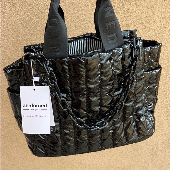 Ahdorned Handbags - Ah-dorned | Classic Black Metallic Tote Bag w/ Crossbody Strap & Bag Charm Chain